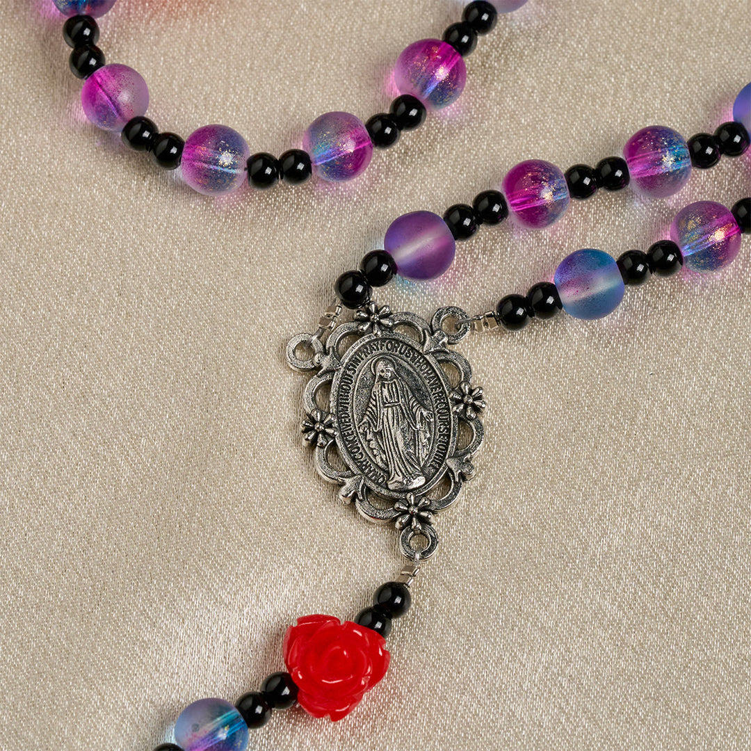 Christianartworkshop Mystical Frosted Purple-Blue Beads Rosary with Red Roses & Miraculous Medal Blessing - image 8