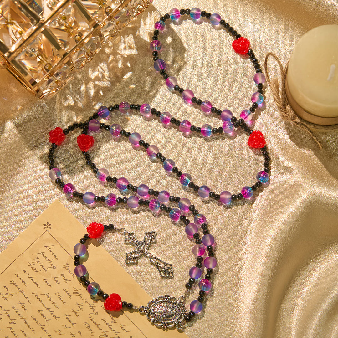 Christianartworkshop Mystical Frosted Purple-Blue Beads Rosary with Red Roses & Miraculous Medal Blessing - Purple - image 1