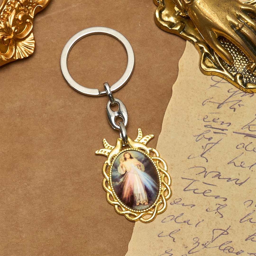 Christianartworkshop Golden Frame Divine Mercy Keychain with Holy Spirit Dove: Heavenly Grace Token - image 3