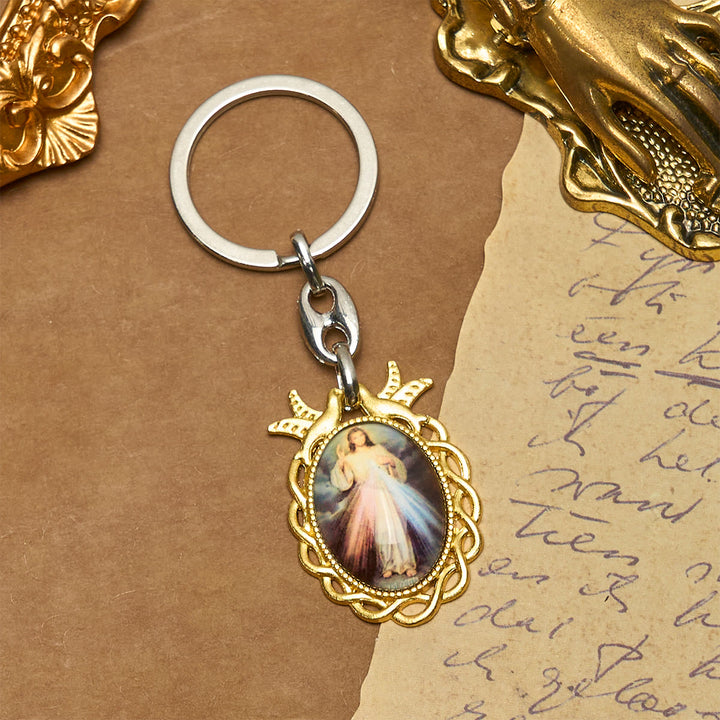 Christianartworkshop Golden Frame Divine Mercy Keychain with Holy Spirit Dove: Heavenly Grace Token - image 3