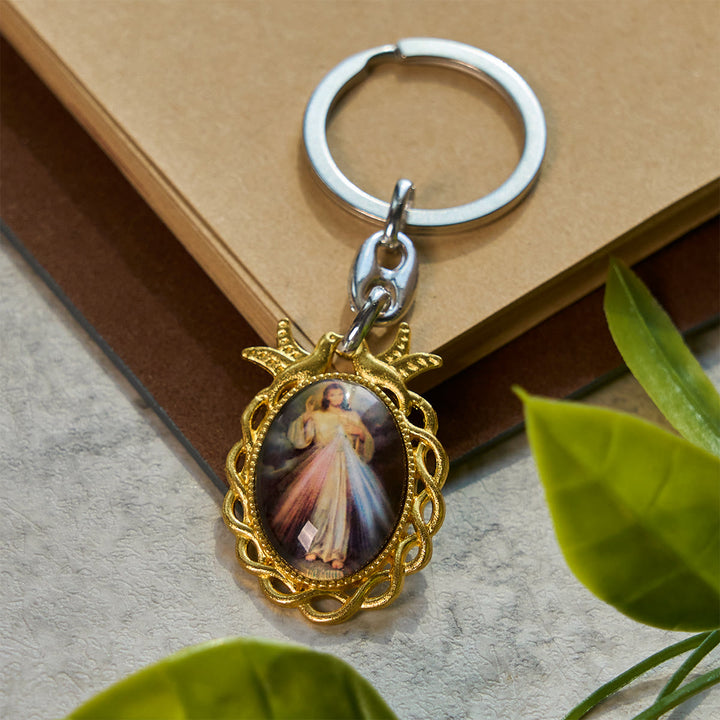 Christianartworkshop Golden Frame Divine Mercy Keychain with Holy Spirit Dove: Heavenly Grace Token - image 4