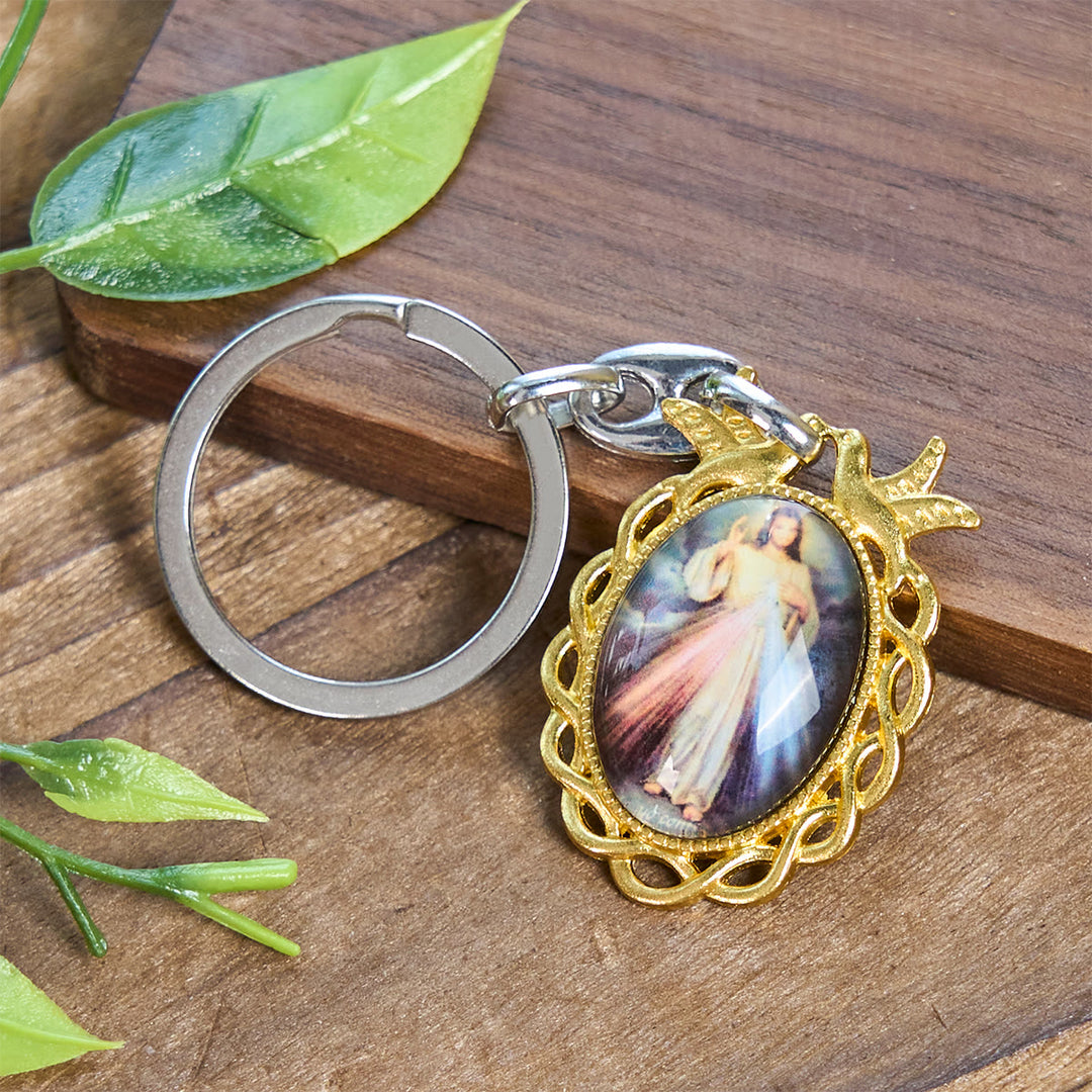 Christianartworkshop Golden Frame Divine Mercy Keychain with Holy Spirit Dove: Heavenly Grace Token - Jesus Icon - image 1