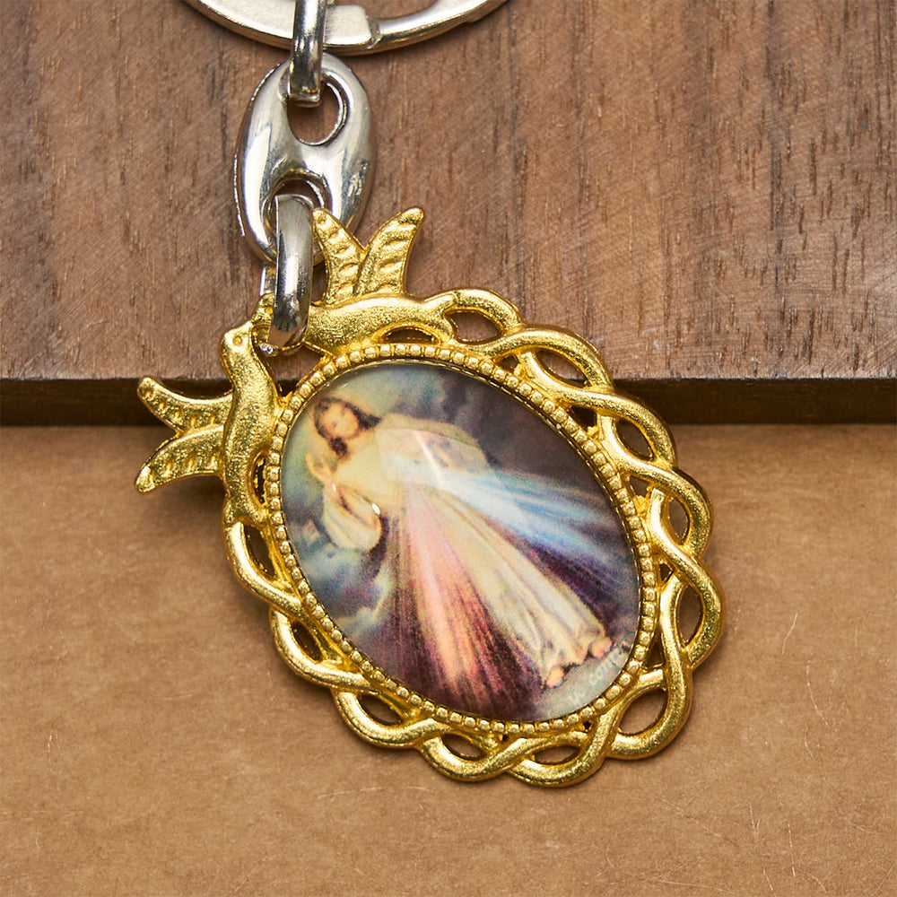 Christianartworkshop Golden Frame Divine Mercy Keychain with Holy Spirit Dove: Heavenly Grace Token - image 2