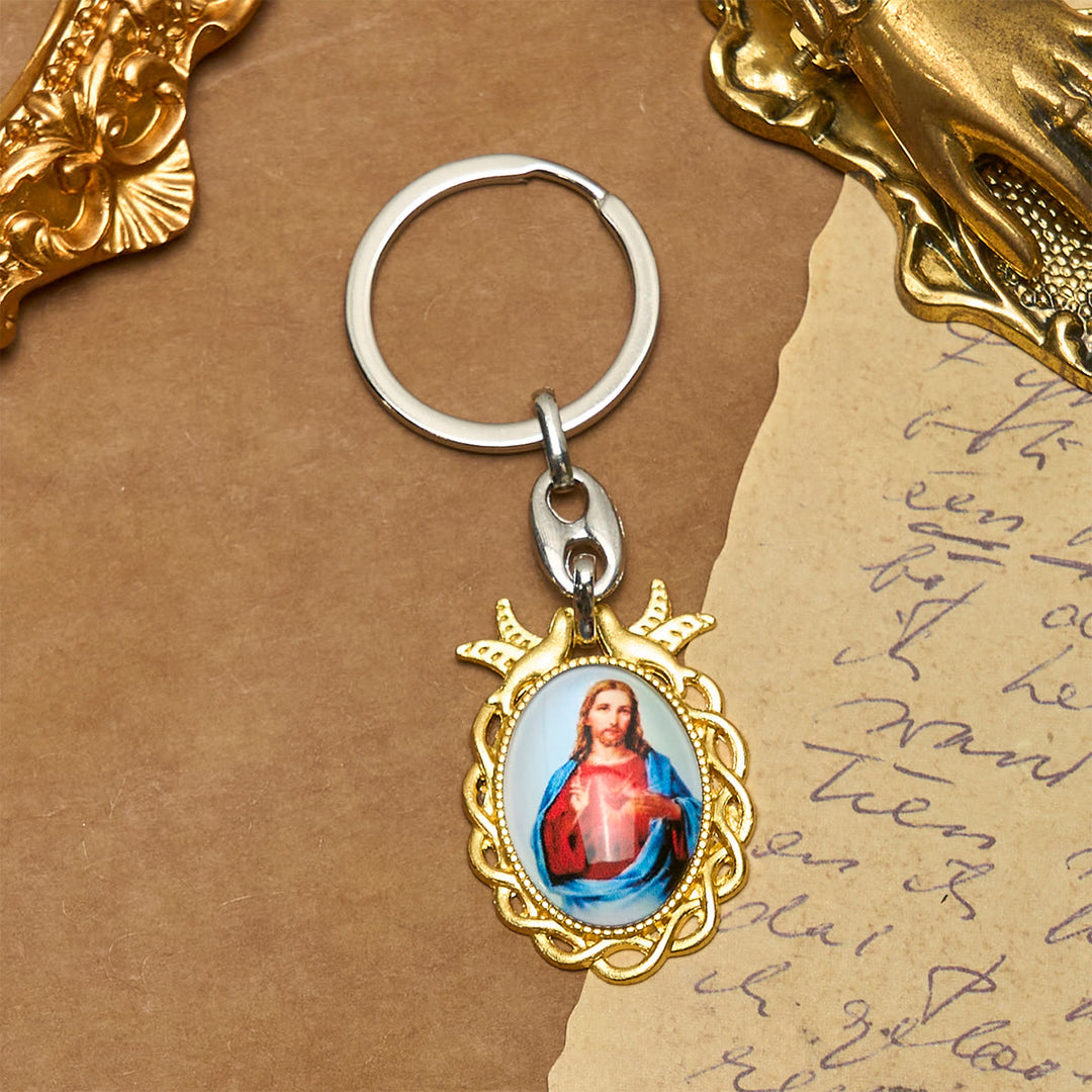 Christianartworkshop Faithful Sacred Heart of Jesus Keychain: Golden Frame Dove and Timeless Grace - image 3
