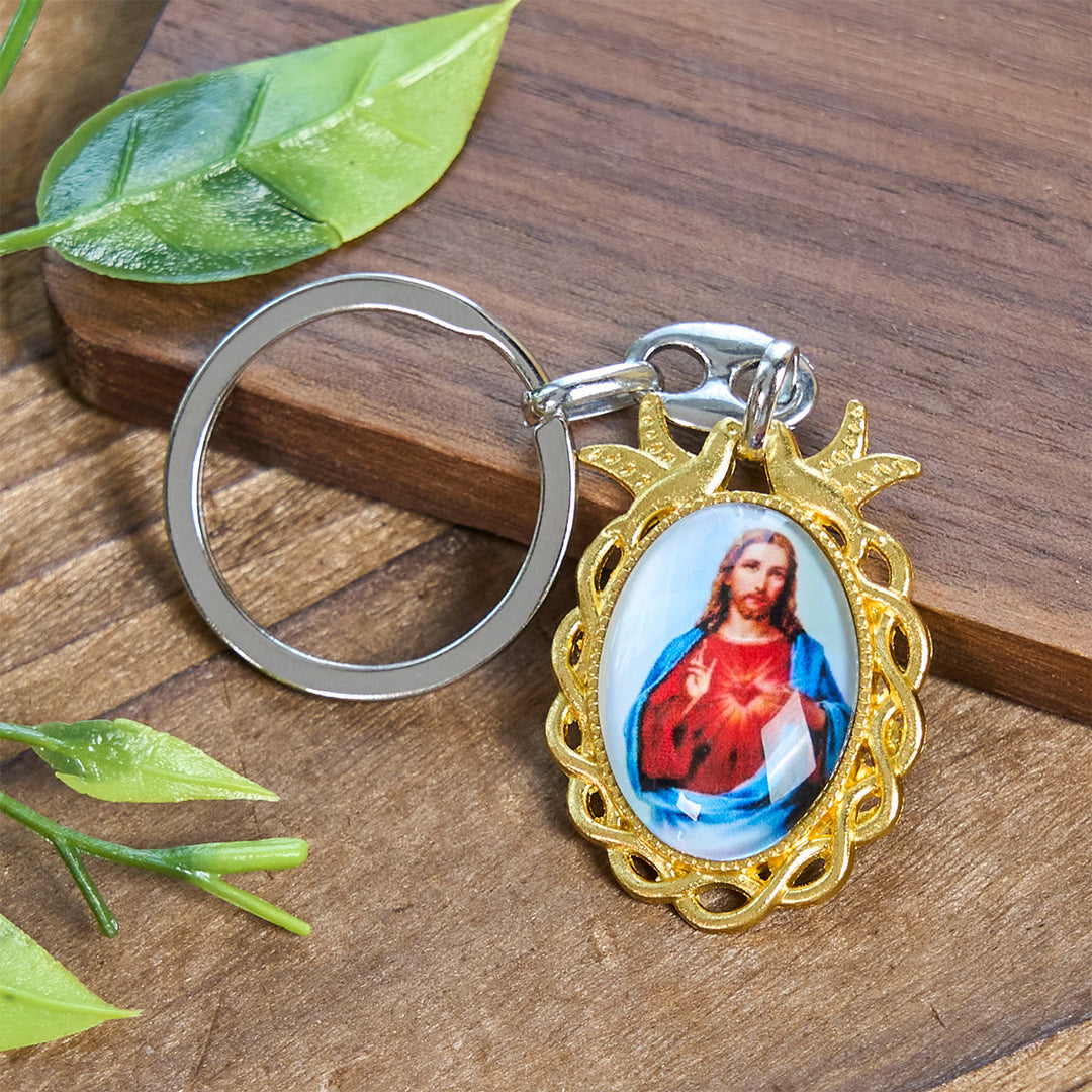 Christianartworkshop Faithful Sacred Heart of Jesus Keychain: Golden Frame Dove and Timeless Grace - Jesus Icon - image 1