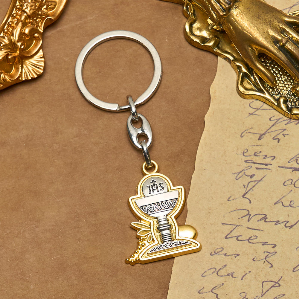 Christianartworkshop Two-Tone Holy Chalice Keychain with IHS Symbol: Faith Filled Blessings - image 2
