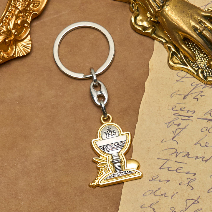 Christianartworkshop Two-Tone Holy Chalice Keychain with IHS Symbol: Faith Filled Blessings - image 2