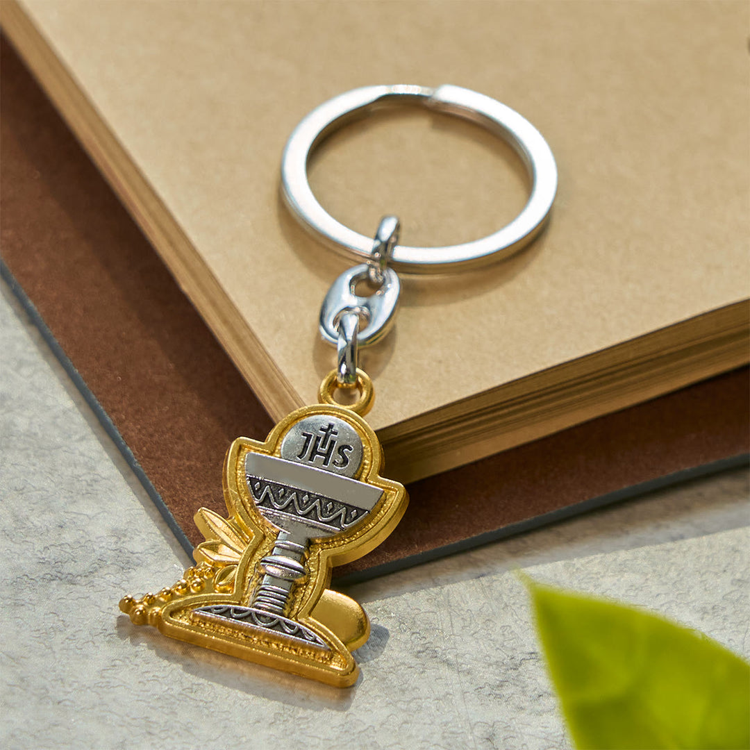 Christianartworkshop Two-Tone Holy Chalice Keychain with IHS Symbol: Faith Filled Blessings - Holy Chalice - image 1