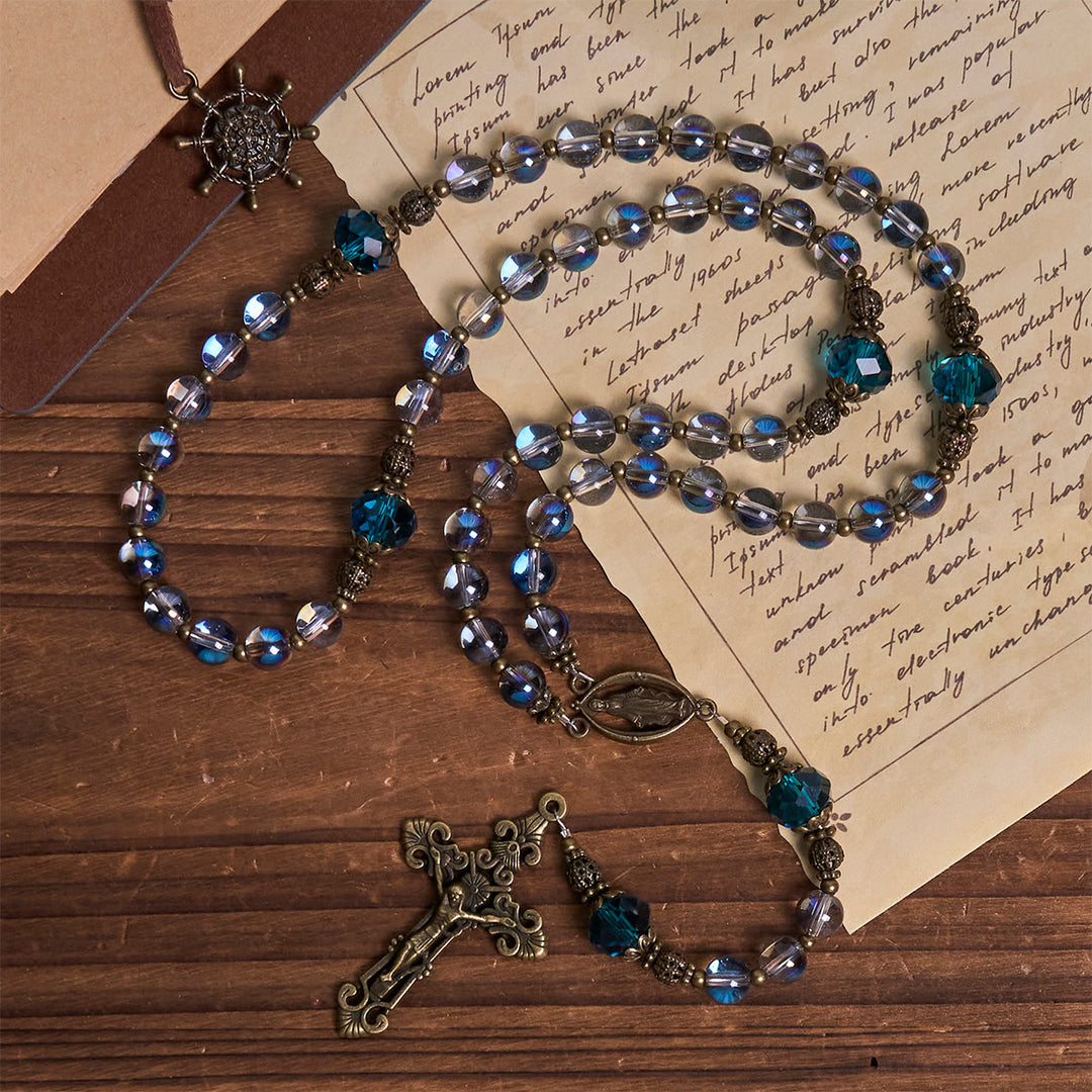 Christianartworkshop Shimmering Laser Blue Crystal Rosary with Antique Bronze Miraculous Medal - Our Lady - image 1