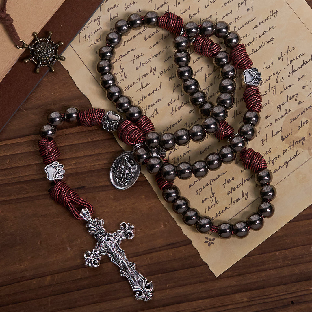 Christianartworkshop Rugged Metallic Beads Rosary with Paw Charms & St. Michael the Archangel - St. Michael & Crucifix - image 1