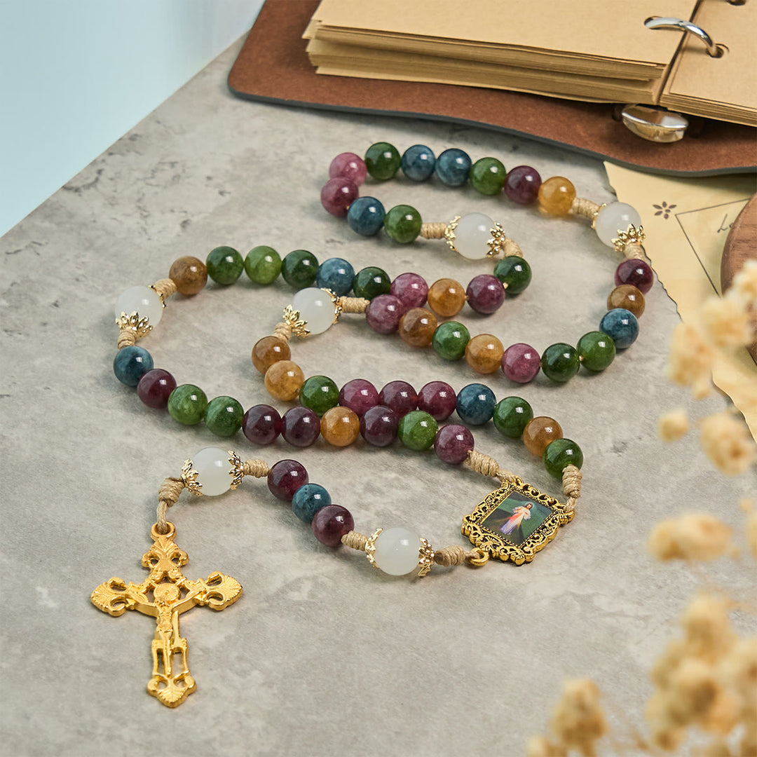 Christianartworkshop Colorful Tourmaline Beads Rosary with Square Divine Mercy and Golden Crucifix - Divine Mercy - image 1