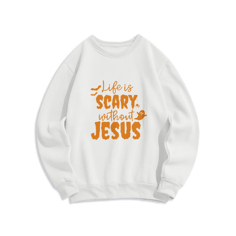 Christianartworkshop Life Is Scary Without Jesus Fleece Lined Polyester Sweatshirt - White - 2XL - image 1