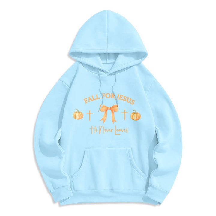 Christianartworkshop Fall For Jesus Pumpkin Cross & Bow Fleece Lined Polyester Hoodie - Blue - 2XL - image 2