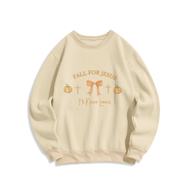Christianartworkshop Fall For Jesus Pumpkin Cross & Bow Fleece Lined Polyester Sweatshirt - Beige - 2XL - image 3