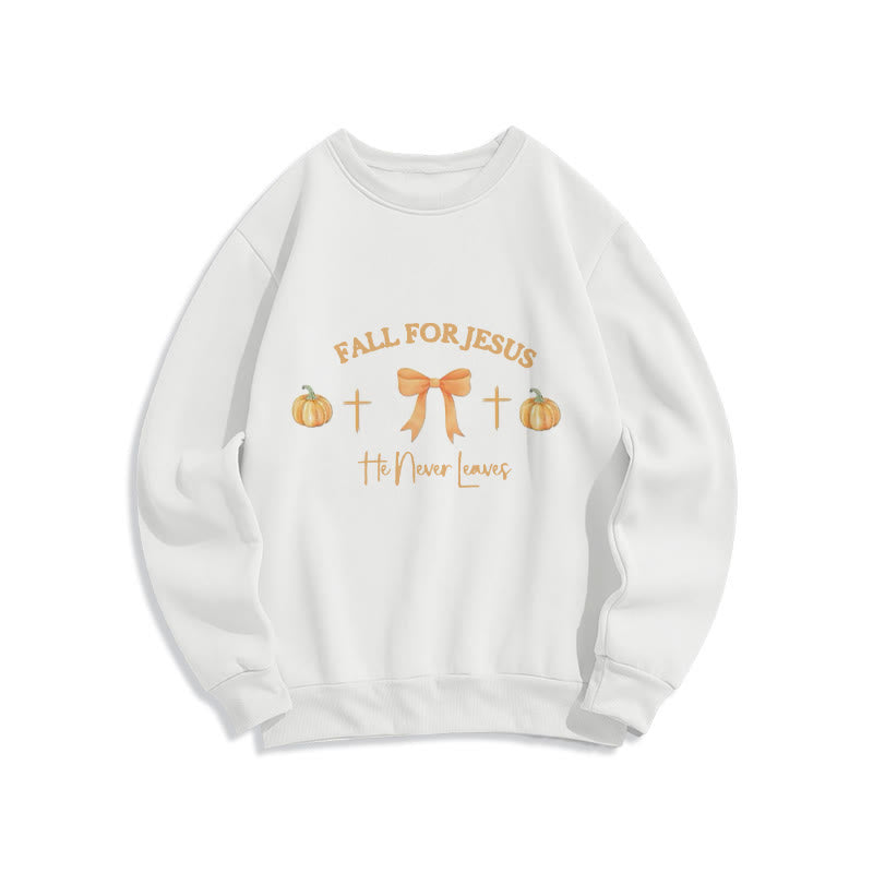 Christianartworkshop Fall For Jesus Pumpkin Cross & Bow Fleece Lined Polyester Sweatshirt - White - 2XL - image 2