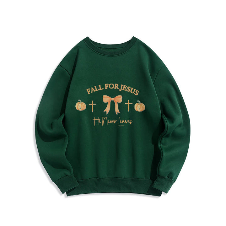 Christianartworkshop Fall For Jesus Pumpkin Cross & Bow Fleece Lined Polyester Sweatshirt - Green - 2XL - image 0