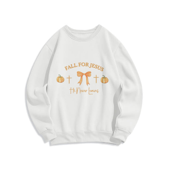 Christianartworkshop Fall For Jesus Pumpkin Cross & Bow Fleece Lined Polyester Sweatshirt - White - 2XL - image 2