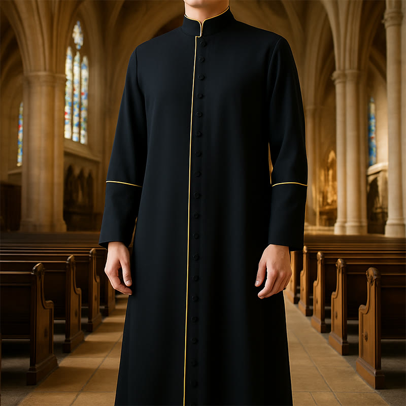 Christianartworkshop Medieval Style Clergy Robe in Assorted Colors & Cross Detailing - Black with Gold Stripe - 3XL - image 1