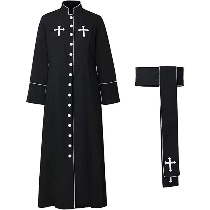 Christianartworkshop Ceremonial Black and White Stand Collar Clergy Robe Cassock with Belt & Cross Motifs - image 4