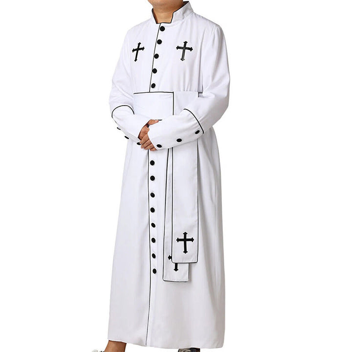 Christianartworkshop Ceremonial Black and White Stand Collar Clergy Robe with Belt & Cross Motifs - image 6