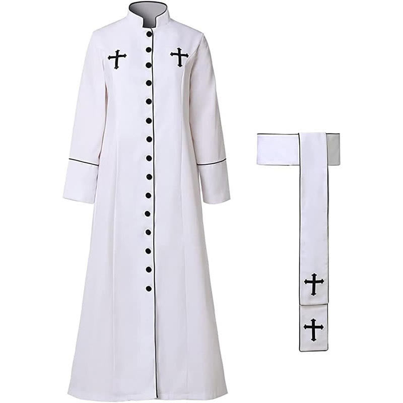 Christianartworkshop Ceremonial Black and White Stand Collar Clergy Robe with Belt & Cross Motifs - image 3