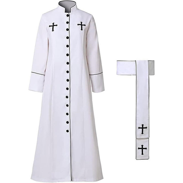 Christianartworkshop Ceremonial Black and White Stand Collar Clergy Robe with Belt & Cross Motifs - image 3