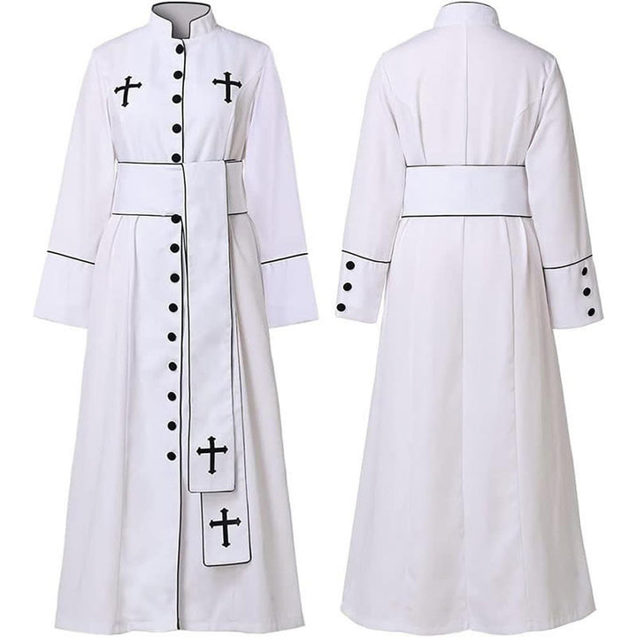 Christianartworkshop Ceremonial Black and White Stand Collar Clergy Robe with Belt & Cross Motifs - image 4