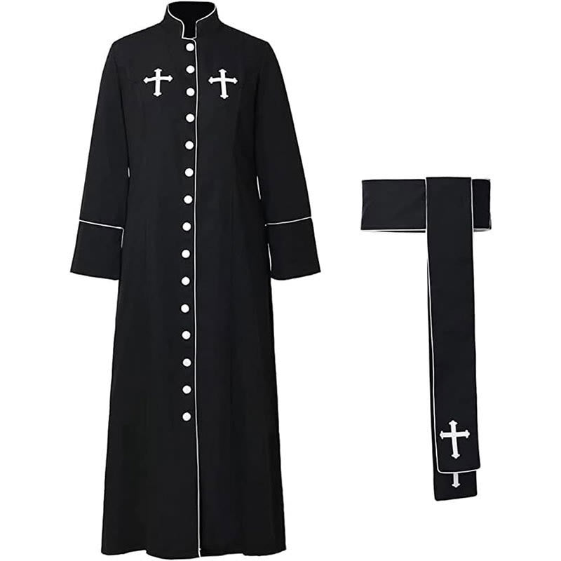 Christianartworkshop Ceremonial Black and White Stand Collar Cassock with Belt & Cross Motifs - image 5