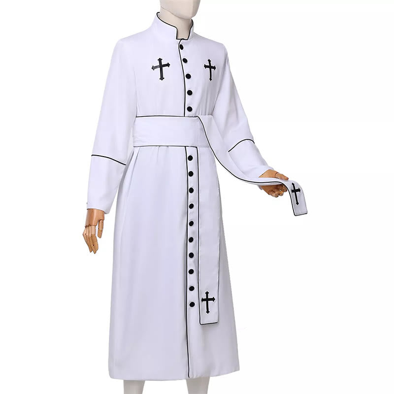 Christianartworkshop Ceremonial Black and White Stand Collar Clergy Robe with Belt & Cross Motifs - image 7