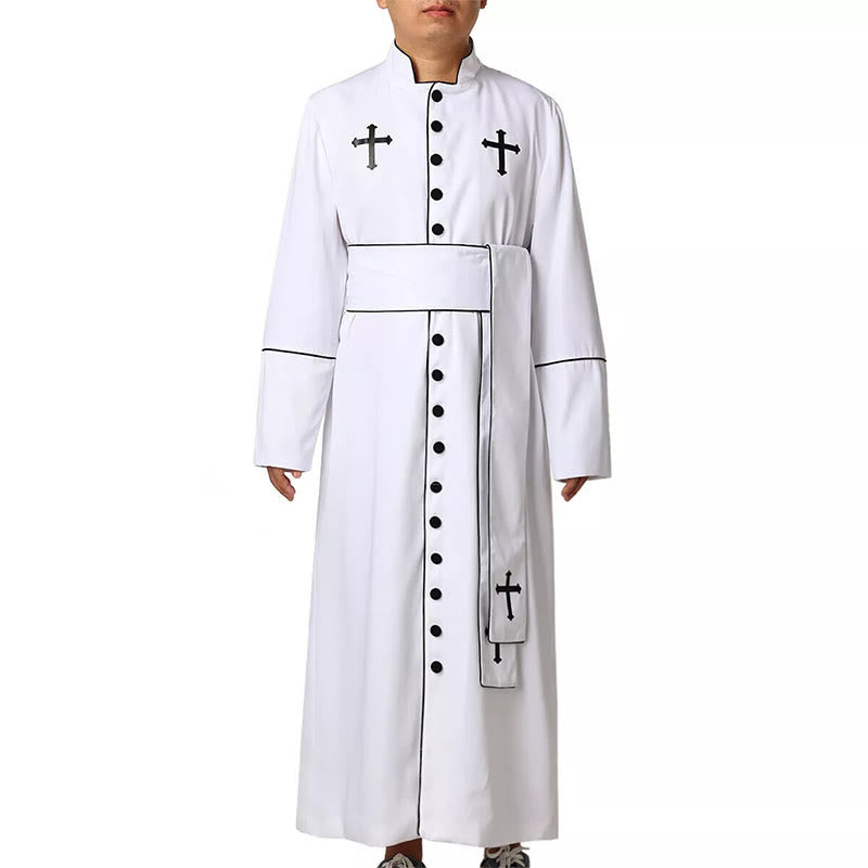 Christianartworkshop Ceremonial Black and White Stand Collar Clergy Robe with Belt & Cross Motifs - image 5