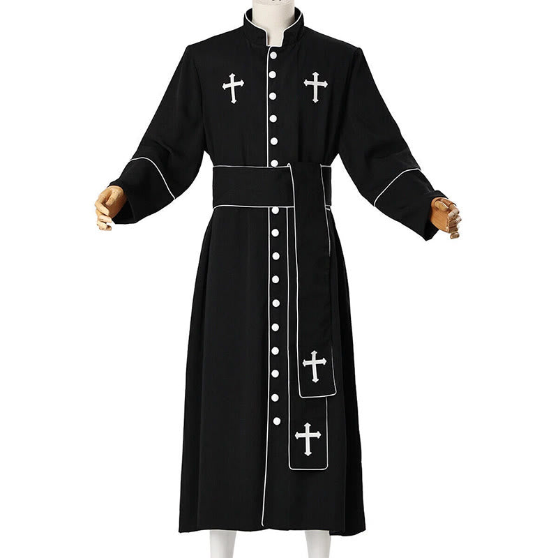 Christianartworkshop Ceremonial Black and White Stand Collar Clergy Robe with Belt & Cross Motifs - image 13