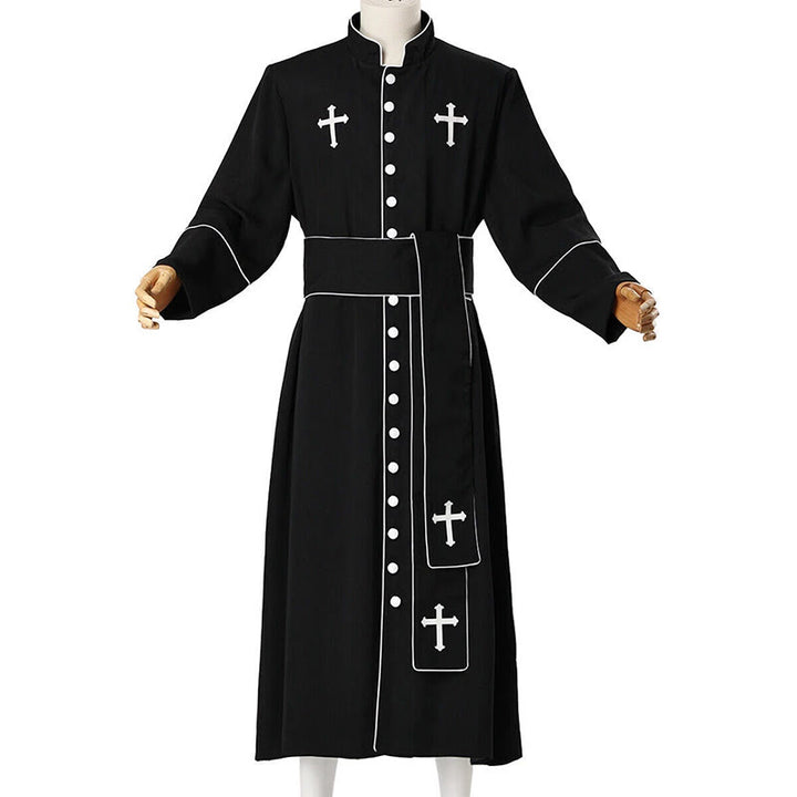 Christianartworkshop Ceremonial Black and White Stand Collar Clergy Robe with Belt & Cross Motifs - image 13