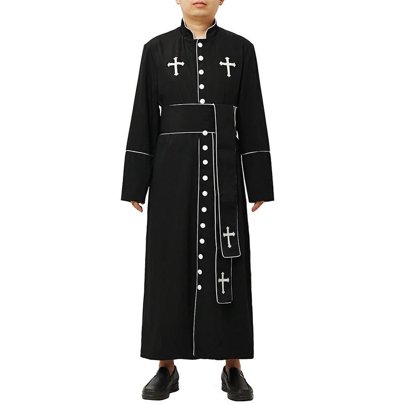 Christianartworkshop Ceremonial Black and White Stand Collar Clergy Robe with Belt & Cross Motifs - image 12