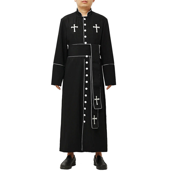 Christianartworkshop Ceremonial Black and White Stand Collar Clergy Robe with Belt & Cross Motifs - image 12