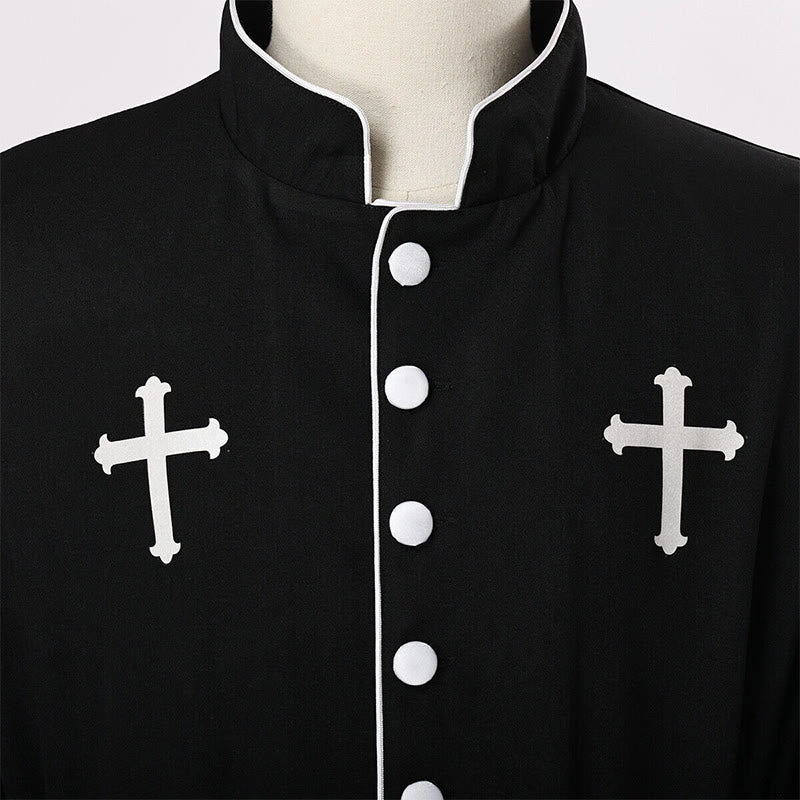Christianartworkshop Ceremonial Black and White Stand Collar Clergy Robe with Belt & Cross Motifs - image 15