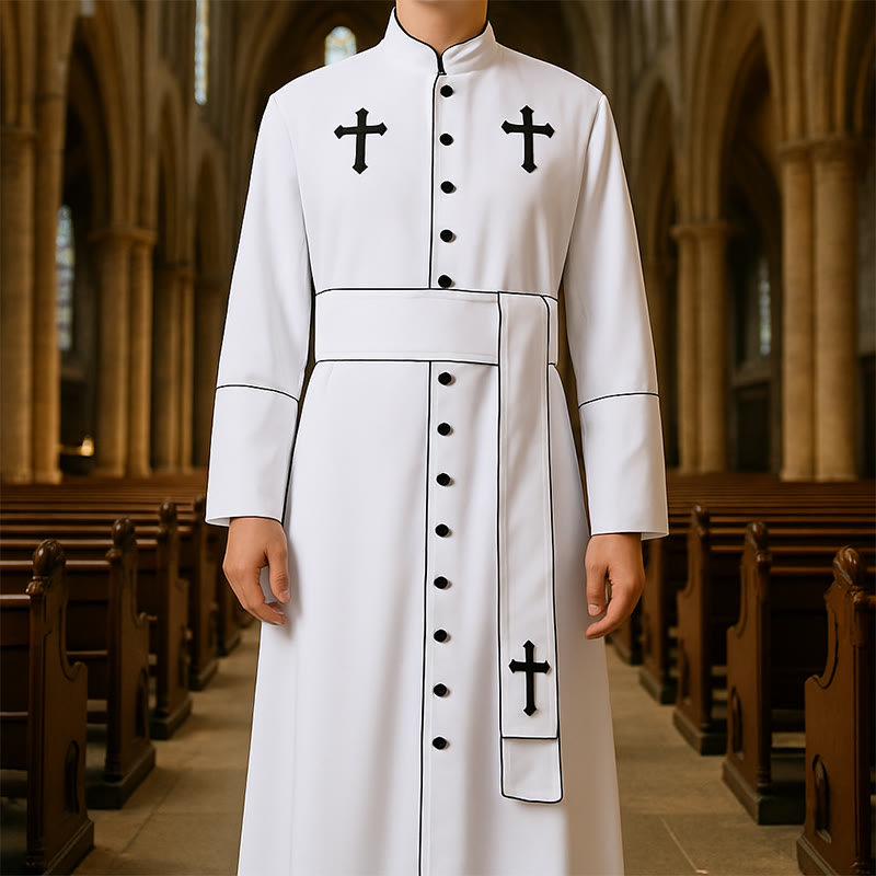 Christianartworkshop Ceremonial Black and White Stand Collar Clergy Robe with Belt & Cross Motifs - White - M - image 0