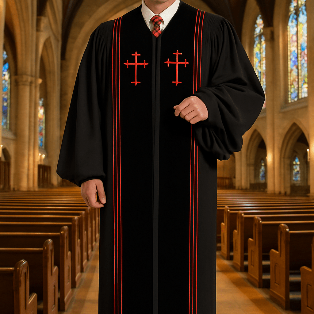 Christianartworkshop Traditional Black Clergy Robe with Red Cross Embroidery & Formal Design - Black - 3XL - image 1