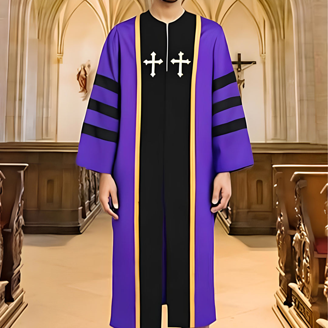 Christianartworkshop Ornate Purple Clergy Robe with Golden Cross & Striped Style - Purple - 3XL - image 1
