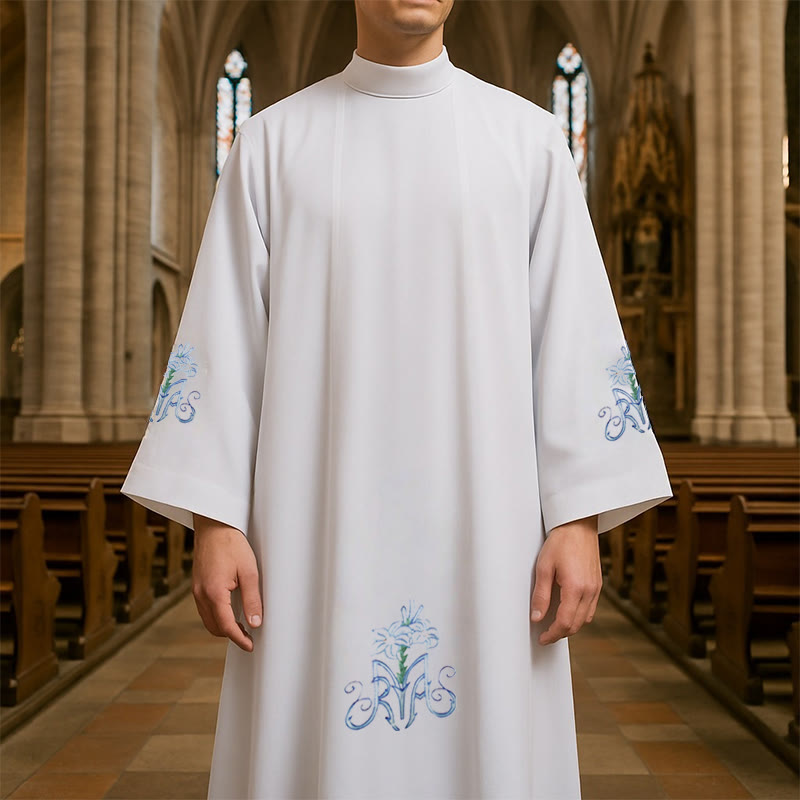 Christianartworkshop Graceful White High Neck Clergy Robe with Blue Lily Floral Design - White - 3XL - image 1