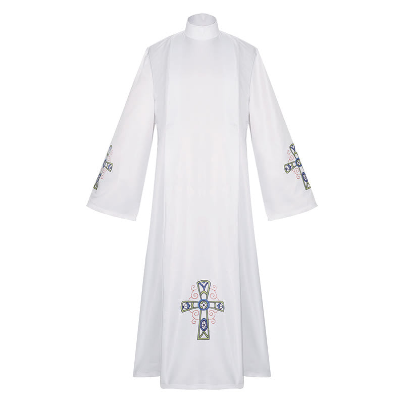 Christianartworkshop Traditional White High Collar Clergy Robe Cassock with Ornate Colorful Cross - image 2