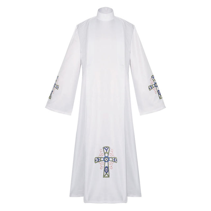 Christianartworkshop Traditional White High Collar Clergy Robe Cassock with Ornate Colorful Cross - image 2