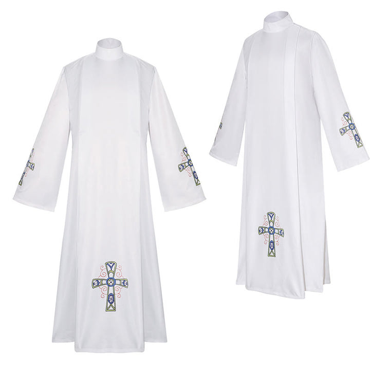 Christianartworkshop Traditional White High Collar Clergy Robe Cassock with Ornate Colorful Cross - White - 3XL - image 1