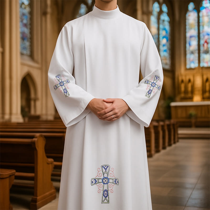 Christianartworkshop Traditional White High Collar Clergy Robe with Ornate Colorful Cross - White - 3XL - image 1