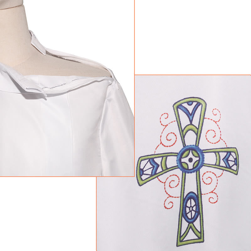 Christianartworkshop Traditional White High Collar Clergy Robe Cassock with Ornate Colorful Cross - image 4