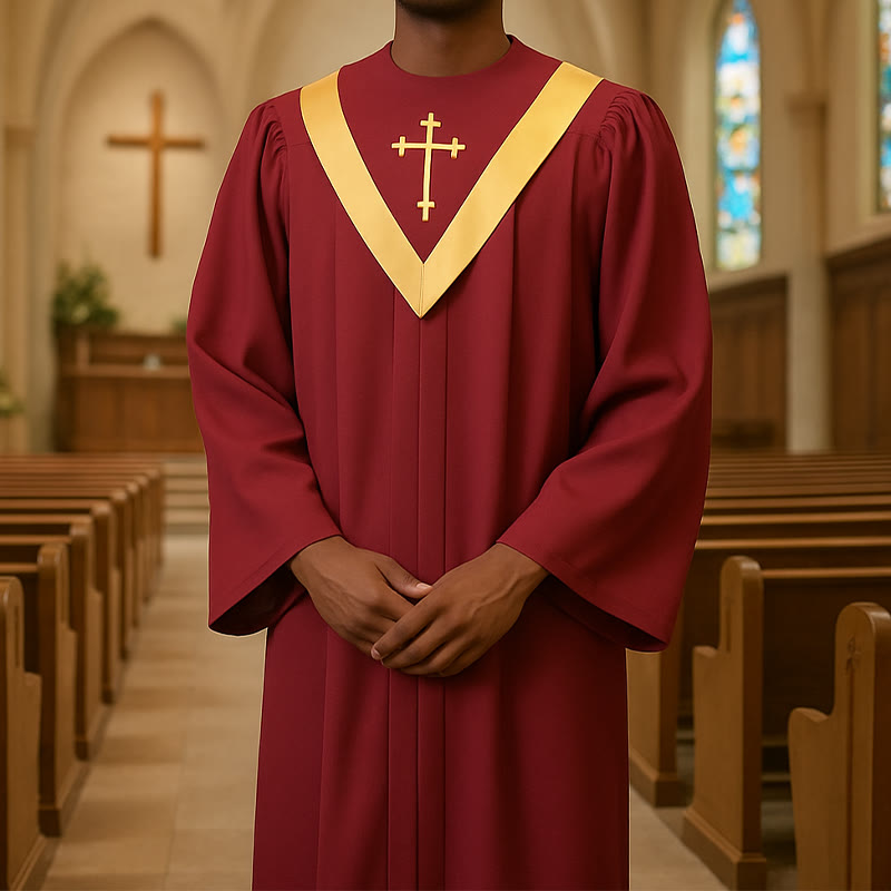 Christianartworkshop Traditional Burgundy Clergy Robe with Gold Cross & V Neck Trim - Red - 3XL - image 1