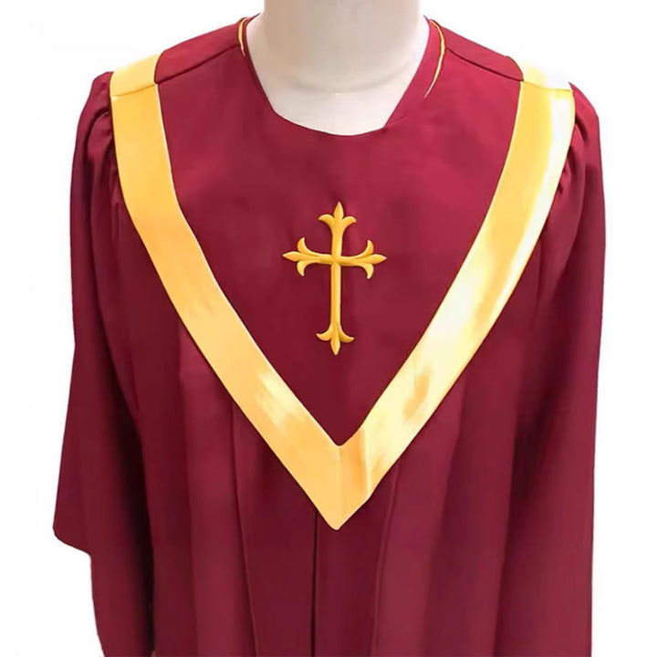 Christianartworkshop Traditional Burgundy Clergy Robe with Gold Cross & V Neck Trim - image 4