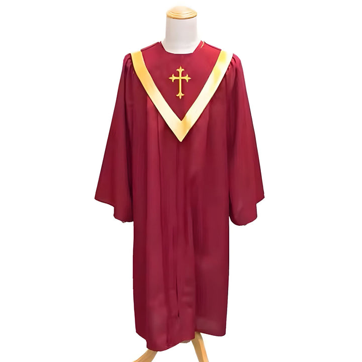 Christianartworkshop Traditional Burgundy Clergy Robe with Gold Cross & V Neck Trim - image 3
