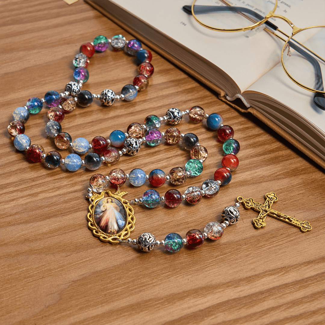 FREE Today: Gradient Multicolor Glass Bead & Brass Crucifix Rosary with Divine Mercy Medal - image 3