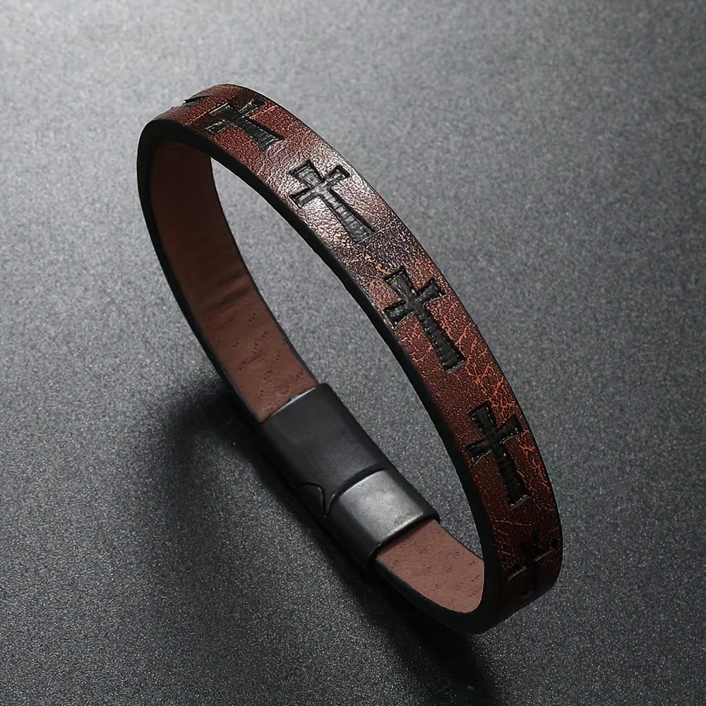 FREE Today: Classic Style Multicolor Leather Magnetic Buckle Bracelet with Cross Motifs - Coffee - image 1