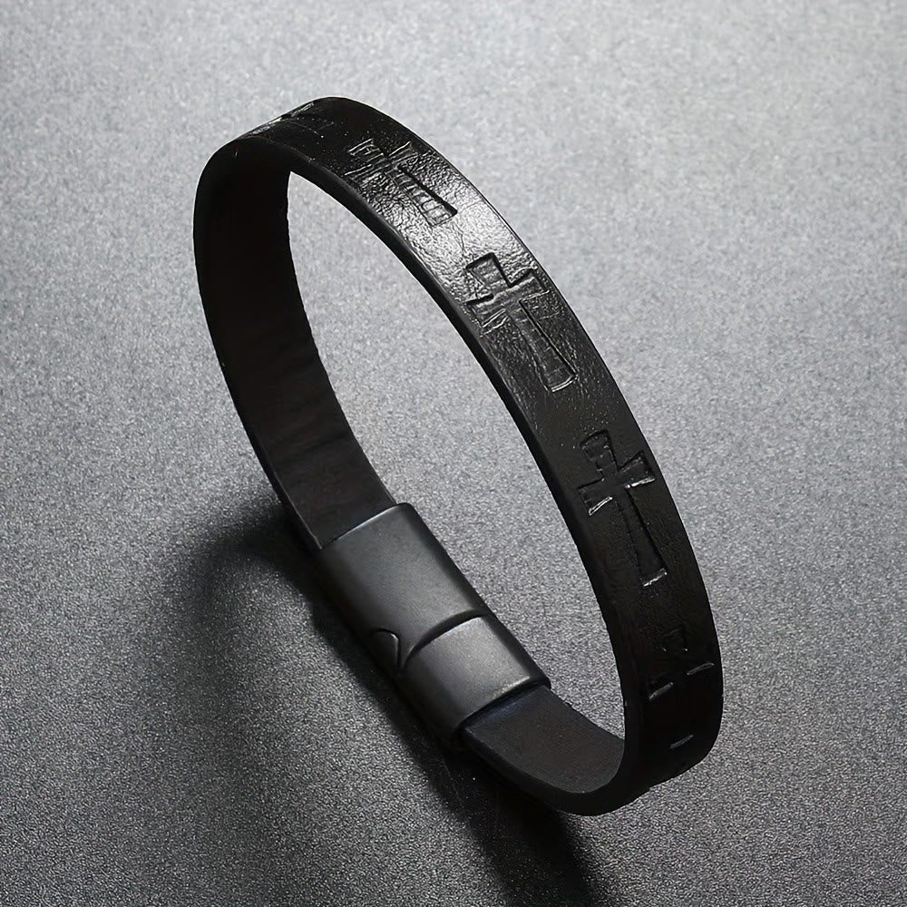 FREE Today: Classic Style Multicolor Leather Magnetic Buckle Bracelet with Cross Motifs - Black - image 3